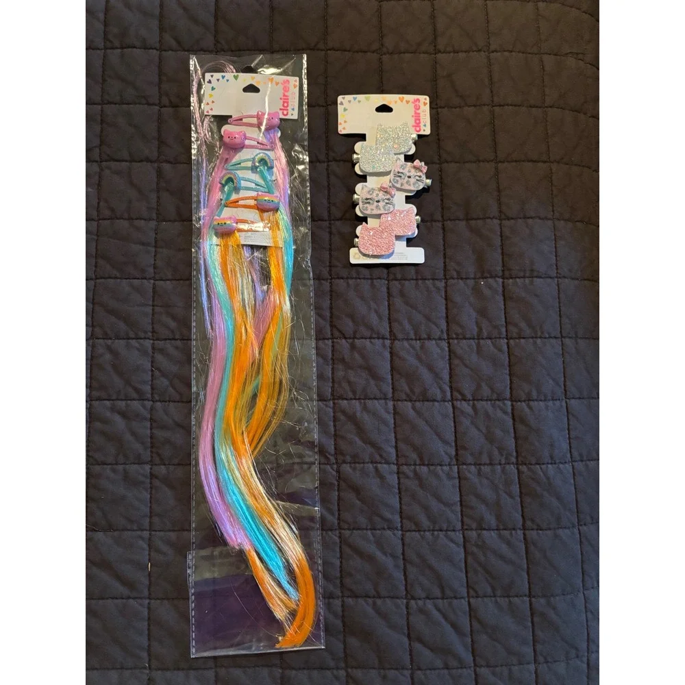 Claires Club Kids Hair Accessory Lot Rainbow Hair Extensions Glitter Cat Clips